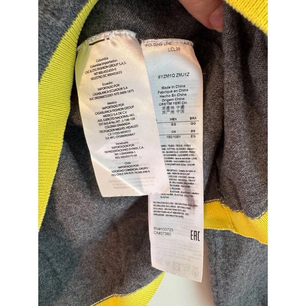 Armani Exchange A|X Men's Grey V-Neck Cotton Cashmere Sweater Yellow Trim Sz  XL